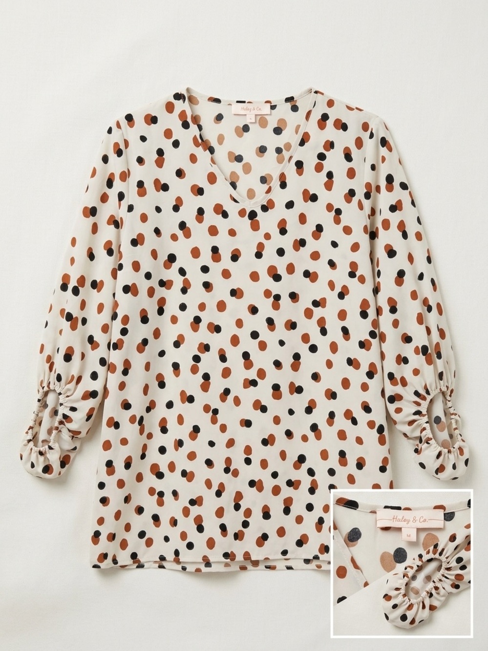 Hailey & Co. V-Neck Blouse Abstract Polka Dot Bishop Sleeve Top Size Medium